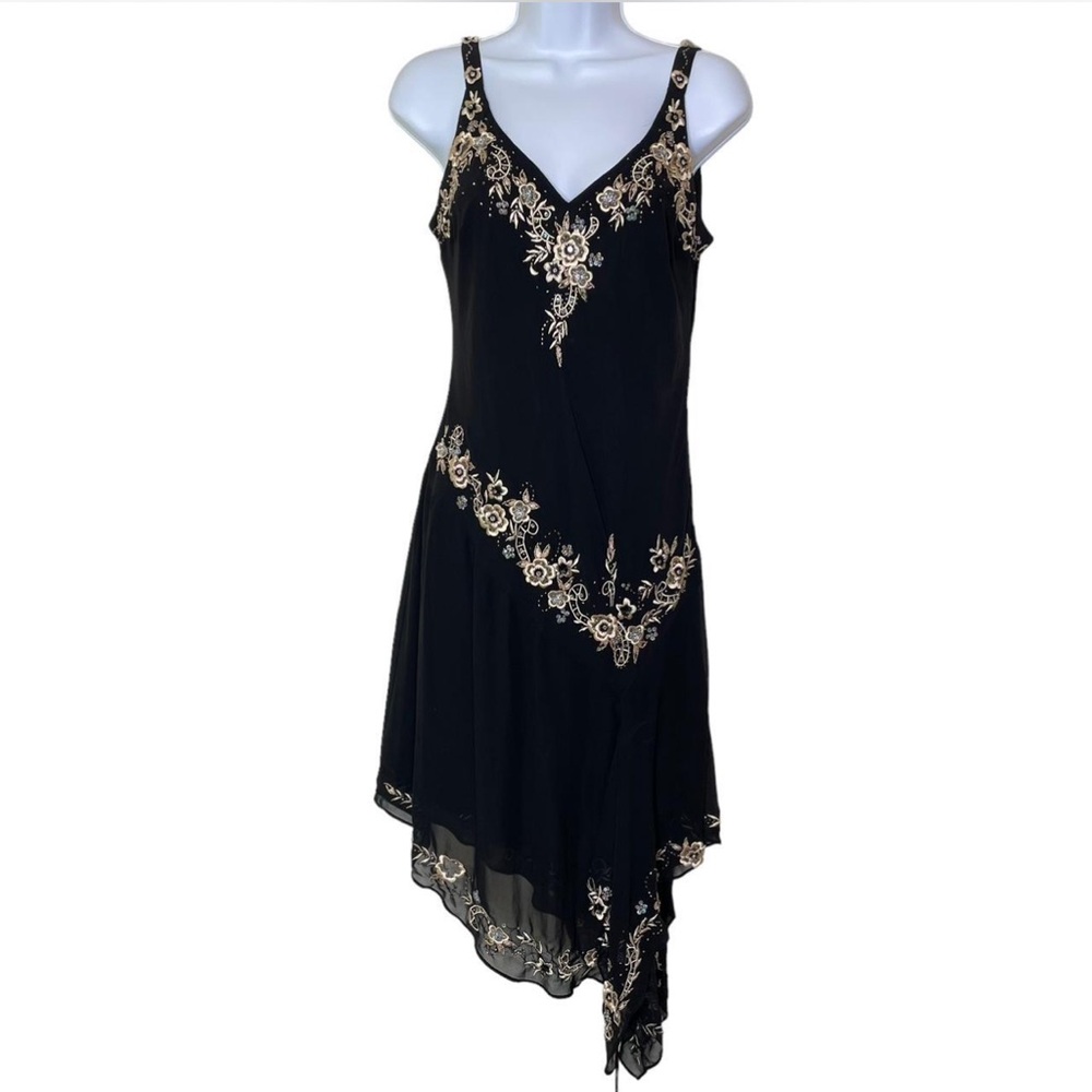 VINTAGE 90s Whimsigoth Black Beaded Asymmetrical Midi Cocktail Dress Sz 12P